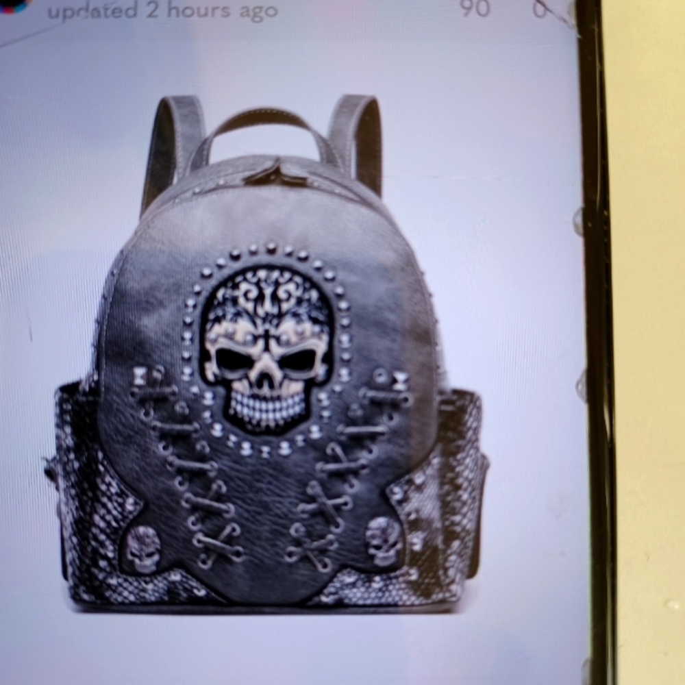 Sugar skull backpack gray leather biker embroidery